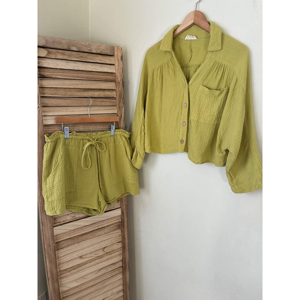 Listicle cotton Gauze 2 Piece Set Chartreuse Green Button Down Top and Shorts